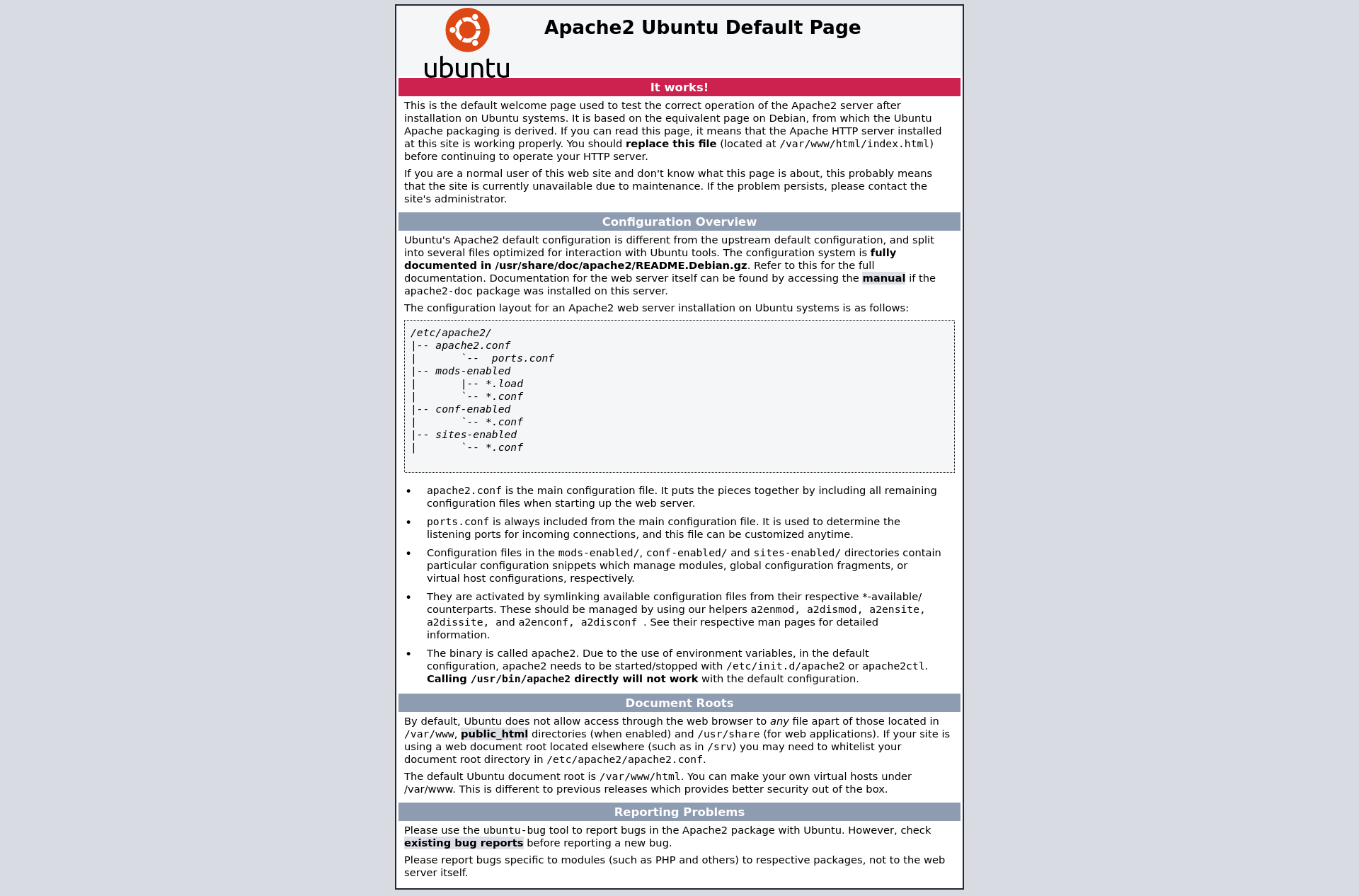 Página web padrão do servidor web Apache com o título: 'Apache2 Ubuntu Default Page'